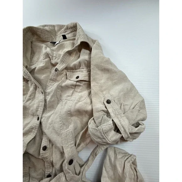 Saks Fifth Avenue Threads 100% Linen Maxi Shirt Dress Beige Tan Size 8 Button Up - Picture 4 of 6